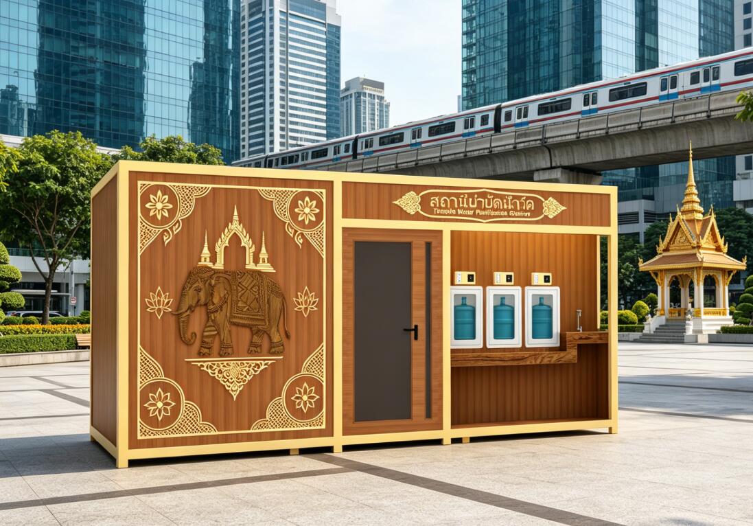 Estación de agua del templo tailandés: ¿diseño de pagoda y elefante tallados a mano?